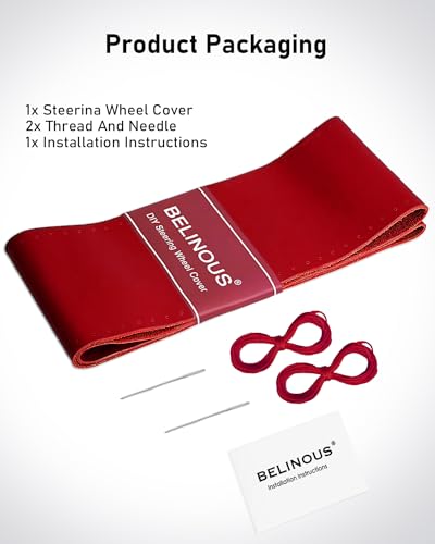 BELINOUS Leather Steering Wheel Cover Lace Up, Stitch on Steering Wheel Wrap, Universal Fit 13-20 Inch Car Truck Pickup Boat, A Whole Piece of Cowhide, DIY w/Needle Thread (Size L0, Red) - color: Red, size: L0