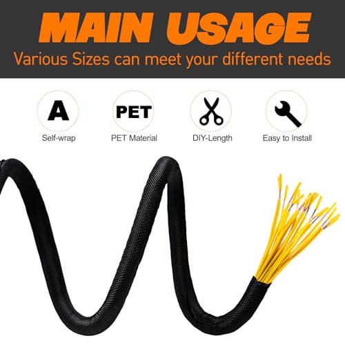 Split Braided Sleeve Cable Management Wire Loom Cord Covers for High-Temperature Automotive Harness and Home Cable Management, 25ft - 3/4 inch Self-Wrapping Tubing Cord Protector - size: 3/4"-25 Feet