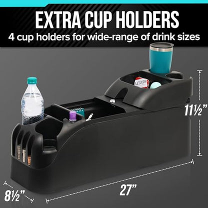 Center Console for Minivans, SUVs, Middle Van Console, Extra Cup Holders, Large Storage, 27"L x 11.5"W x 8.5"H,Made in USA (Black)