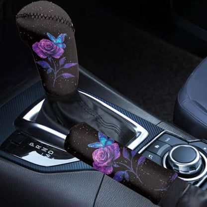 2 Piece Car Head Brake Cover with Gear Shift Cover Set for Women Girls, Rose Butterfly Print Soft Elastic Car Handbrake Protector and Gear Shift Knob Protector, Easy to Install - color: Black and Purple - Rose Butterfly