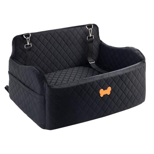 Car Seat for Large Size Dog, Booster Seat for Dogs Under 55 lbs or 2 Small Dogs, Soft Car Dog Bed Filling in Thick Memory Foam with 2 Safety Leashes and Storage Pocket (Black) - color: Black