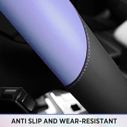 Road Comforts Steering Wheel Cover – Breathable Leather Steering Wheel Cover, Anti-Slip Grip, Universal Fit 14.5” to 15”, Heat & Cold Resistant for Cars, SUVs, and Trucks – Black & Shining Purple - color: Black&Purple