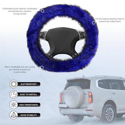 Fluffy Steering Wheel Cover, 15 Inch Anti-Slip Microfiber Plush Fuzzy Steering Wheel Cover, Winter Warm Elastic Fuzzy Steering Wheel Covers for Women and Men, Car Accessories (Blue) - color: Blue