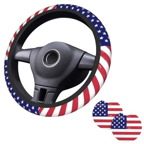 American Flag Steering Wheel Cover - Retro United States Flag Steering Wheel Car Cup Holder Pad 2 Pack 15 Inch Steering Wheel Cover Women Men Anti Slip Breathable Wheel Cover - color: American flag