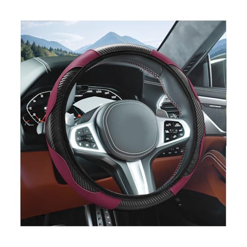 Elastic Car Steering Wheel Cover, Carbon Fiber Leather Automotive Wheel Protector, Anti-Slip Breathable Vehicle Interior Steering Accessories for Men Women, Universal Fit (Black/Wine Red) - color: Black/Wine Red