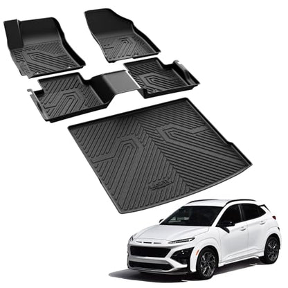 LASFIT Floor Mats & Cargo Mat Fits for Hyundai Kona 2026 2025 2024 N Line/SE/SEL/Limited (Not for EV), All Weather TPE Custom Fit Kona Car Mats & Trunk Liner,Full Set Car Accessories, Black - size: 2)For Hyundai Kona | 2024-2026 | Gas