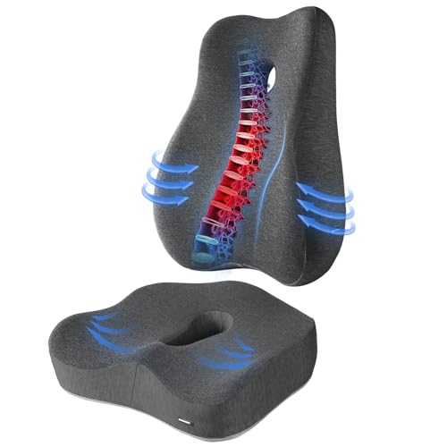 X Large Memory Foam Seat Cushion & Lumbar Support Pillow, Sciatica & Tailbone Pressure Relief Coccyx Cushion for Office Chair, Car, Wheelchair, Home - Dark Grey - color: Dark Gray