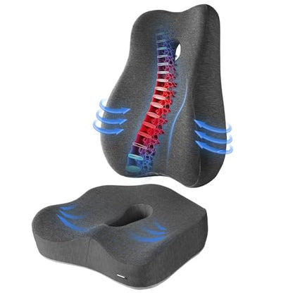 X Large Memory Foam Seat Cushion & Lumbar Support Pillow, Sciatica & Tailbone Pressure Relief Coccyx Cushion for Office Chair, Car, Wheelchair, Home - Dark Grey - color: Dark Gray