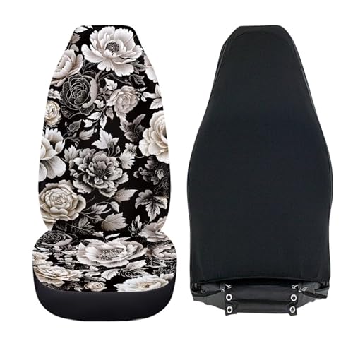 Black White Flower Universal Front Seat Covers, Pack of Two Easy to Install Fit for Trucks Vans SUV Sedans Automotive Comfortable - color: Black White Flower