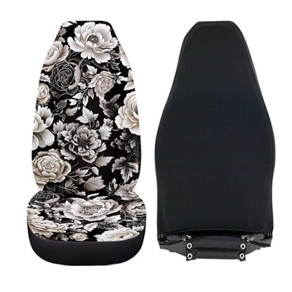 Black White Flower Universal Front Seat Covers, Pack of Two Easy to Install Fit for Trucks Vans SUV Sedans Automotive Comfortable - color: Black White Flower