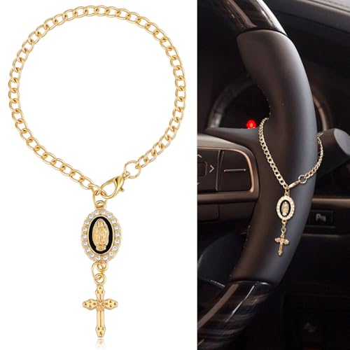 Huquary Steering Wheel Rosary Charm Accessory Cross Pendant Car Decor Rearview Mirror Car Rosary for Automotive Protection Charm Decor - color: Black, style: Cross
