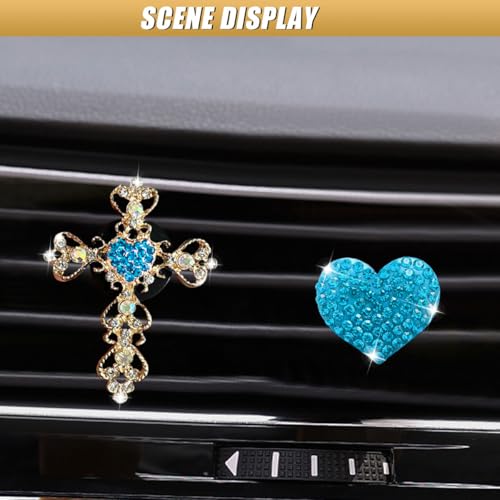 2PCS Bling Cross & Heart Car Dashboard Air Vent Trim Clip, Sparkly Rhinestone Car Air Vent Clips, Diamond Auto Diffuser Charm Clip, Auto Interior Decoration Accessory for Women Girls (Blue) - size: Blue