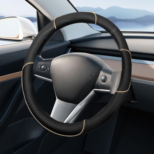 15 Inch Leather Car Steering Wheel Cover, Breathable Anti-Slip Automotive Steering Wheel Protector Accessories, Soft Comfortable Car Interior Decoration for SUV, Truck (Beige) - color: Beige
