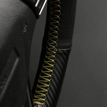 Elegant Steering Wheel kit Wrap, Matte Carbon Steering Wheel Cover and Microfiber Leather, Hand Stitched, Universal Size with Centering Mark.Yellow - color: Yellow Thread