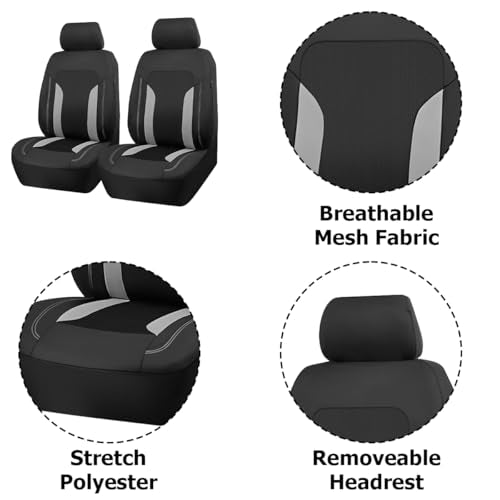 Car Seat Covers, Full Set Breathable Vehicle Seat Protectors with Mesh Construction and Foam Padding, Comfort Automotive Interior Chair Cover, Universal for SUV RV Truck (Grey)