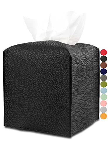 Leather Tissue Box Cover Square – Tissue Holder with Bottom Belt [JESMINI, Black] Aesthetic PU Leather Tissue Box Holder Decorative for Bathroom, Home Office Decor - color: Black
