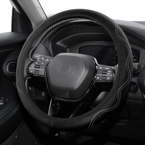 Leather Car Steering Wheel Cover, Universal 15 inch Microfiber Leather Steering Wheel Cover, Anti-Slip Breathable Steering Wheel Decoration, Steering Wheel Accessories for Women Men - color: Damaskeen Black Gray