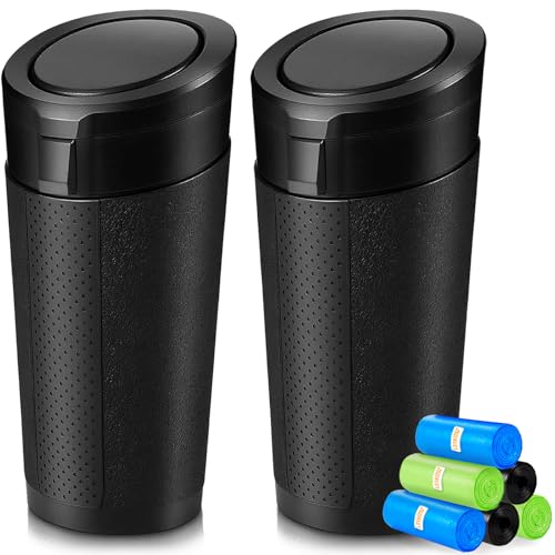 Car Trash Can Bin with Lid - 2 Pack, Leakproof Garbage Can for Vehicle, Mini Trash Bin with 180 Attached Trash Bags, Easy to Clean Cup Holder Trash Can for Car, Home, Office - color: Black 2