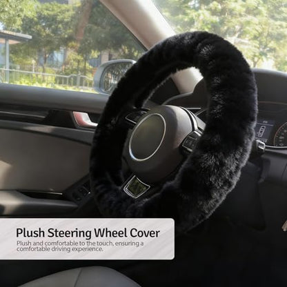 Fluffy Steering Wheel Cover 3PCS Set – Plush Fuzzy Fur Steering Wheel Cover with Gear Shift Cover & Handbrake Cover, Winter Warm Car Accessories, Car Interior Accessories for Women (Black)