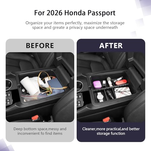 LUWU 2026 Passport Center Console Organizer Compatible with 2026 Honda Passport RTL/TrailSport Accessories ABS Armrest Storage Box Tray Organizer Insert Tray w/Adjustable Partitions