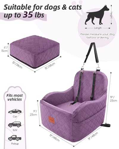 Lealchum Dog Booster Car Seat for Small/Medium Dogs,Puppy Portable Car Bed with Elevated Cushion,Fully Detachable and Washable,2 Storage Pockets,Easy to Install (Purple, Medium) - color: Purple