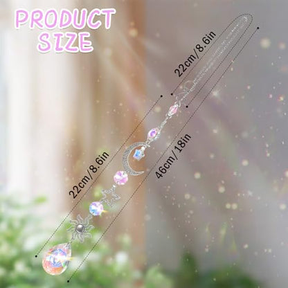 Moon and Star Rear View Mirror Car Charm, Cute Boho Sun Catcher Pendant Hangings Ornaments Healing Crystals Stones Car Decor for Women Men(B)