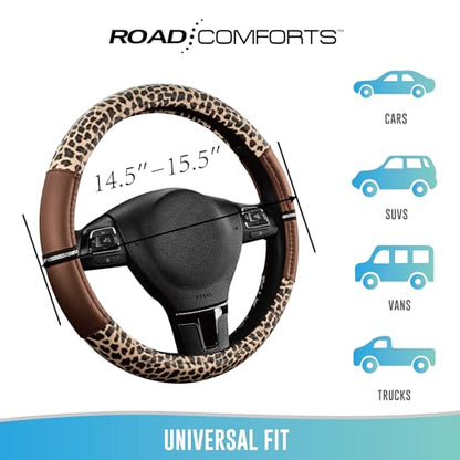 Road Comforts Leopard Steering Wheel Cover for Women, Cute Anti-Slip Microfiber Leather, Universal Fit 14.5-15 Inch Round Steering Wheel - Brown