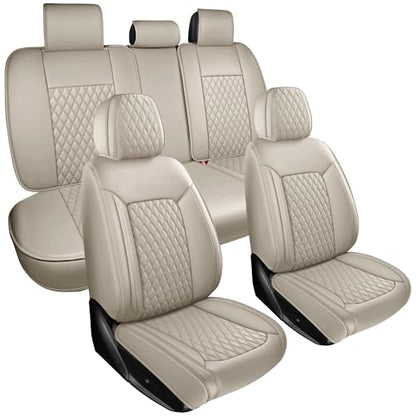 Beige Leather Car Seat Covers Full Set,High-Density Contoured Nappa Leather Universal Precision Fit Automotive Seat Covers,Waterproof Car Seat Protector,forros para asientos de carro,Style1 Beige - color: Beige Full Coverage