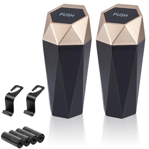 BFXM Car Trash Can, 2 Pack Car Trash Bin with Lid, Car Accessories for Women Interior, Car Garbage Can with Additional 2 ABS Hooks and 60pcs Trash Bags, Suitable for Home, Office, Car Organizer, Gold - color: GOLD 2PCS