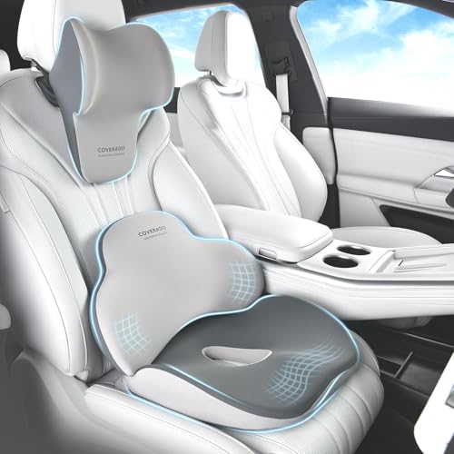 Coverado Car Seat Cushion and Lumbar Support with Headrest Pillow Memory Foam Ergonomic Back Support Driving Seat Cushion Neck Head Pillow, Back Pain Relief, Cushion for Car Driver Office