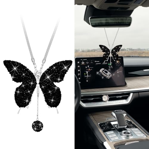 Bling Butterfly Diamond Car Accessories, Car Mirror Hanging Accessories, Crystal Rhinestone Vehicle Rear View Mirror Charms, Lucky Diamond Auto Hanging Ornament Pendant for All Cars (Black) - color: Black