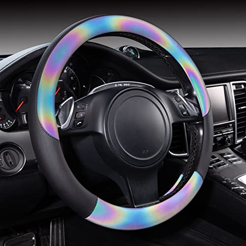 Chameleon Iridescent Reflective PU Leather Steering Wheel Cover,15Inch Universal Fit for 95% Suvs,Sedans,Vans,Trucks for Unique Cute Women Lady Girly(Black Colorful Color Change) Multicolor