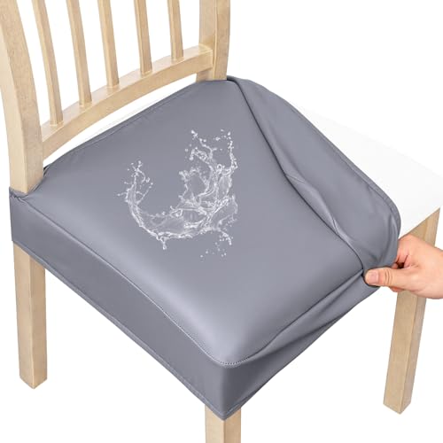 Smiry Waterproof Pu Leather Seat Covers for Dining Room Chairs Set of 2, Stretch Fit Removable Washable Kitchen Chair Seat Slipcovers Protector, No Rear Covers, Light Grey - color: Light Grey, size: Set of 2