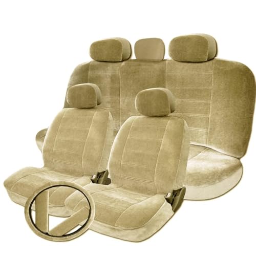 Universal Fit Beige Velour Fabric Car Seat Covers Full Set for Auto, Truck, SUV, Van – Front & Rear Split Bench, Easy Install Interior Protector Bundle Set Style