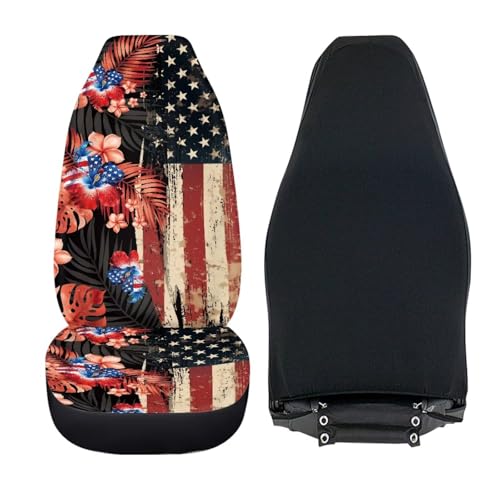 2 Piece Car Seat Covers Easy to Install American Flag Hibiscus Front Seats Elastic Polyester Cover Anti-Slip Auto Interior Accessories Universal Fit for Most Vehicles - color: American Flag Hibiscus