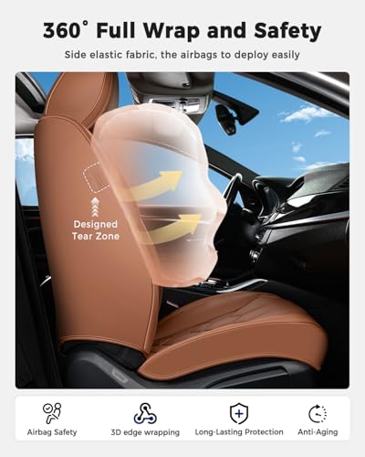 Huidasource Seat Covers Full Set, Universal Fit for Most Cars SUVs Trucks, Full Coverage Leather Automotive Seat Cover, Airbag, Cupholder Compatible, Seat Function Retain, Velcro Adjustable, Brown - color: FS: Brown, size: Full Set