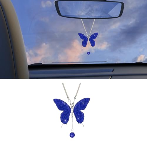 Bling Butterfly Diamond Car Accessories, Crystal Car Rear View Mirror Charms for Women, Auto Decoration Lucky Hanging Interior Crystal Ornament Pendant Decor for All Cars (Dark Blue) - color: Dark Blue