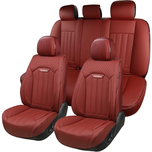 Red Car Seat Covers Full Set, Universal Leather Seat Cover for Cars 5 Seats, Waterproof and Breathable Automotive Seat Cover Front and Rear Seat Covers for Most Trucks, Sedans, SUVs