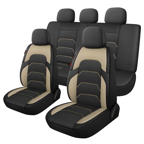 3D Air Mesh Car Seat Covers Full Set,Breathable Seat Covers for Cars,Split Bench Compatible,Universal Fit for SUV,Vans,sedans, Trucks, Automotive Interior Covers(5-Seat Black/Beige)