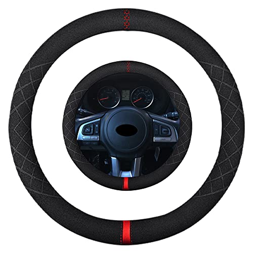 Suede Steering Wheel Cover,Compatible with Subaru Forester XV Crosstrek Legacy Impreza Suede Leather Sport Non-Slip Wheel Cover Car Interior Accessories 15 inch for Man and Women - color: Fit Subaru O Shape Suede Red Mark in Black, size: 15 inch