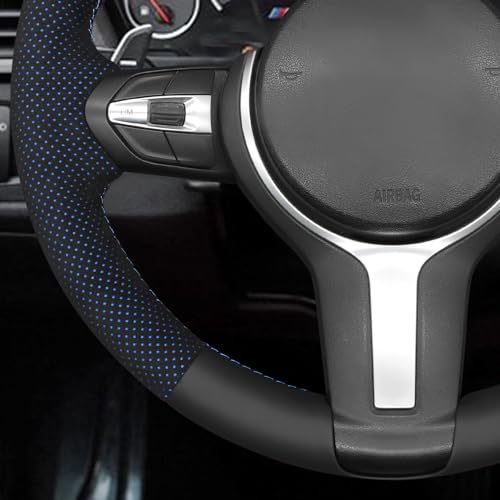 MEWANT Hand-Stitched Steering Wheel Cover for BMW (M Sport) F22 F23 F30 F34 F32 F33 F36 F10 F07 F12 F13 F06 F39 F25 F26 F15 F16, DIY Custom Fit Steering Wheel Wrap for BMW - color: 12:Genuine leather & IT-ALCAN with blue layer