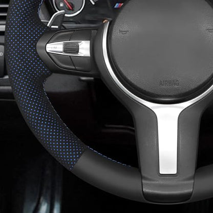 MEWANT Hand-Stitched Steering Wheel Cover for BMW (M Sport) F22 F23 F30 F34 F32 F33 F36 F10 F07 F12 F13 F06 F39 F25 F26 F15 F16, DIY Custom Fit Steering Wheel Wrap for BMW - color: 12:Genuine leather & IT-ALCAN with blue layer