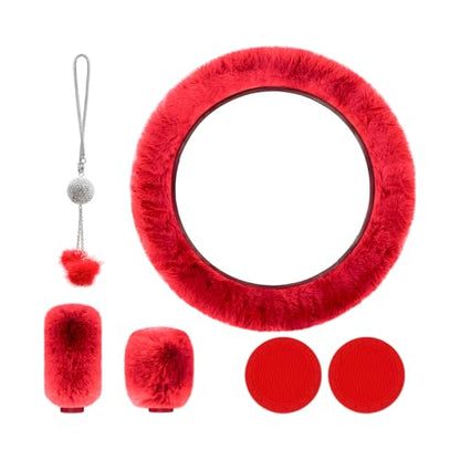 6 PCS Fluffy Steering Wheel Covers Set, 15 Inch Soft Steering Wheel Cover, Handbrake Cover & Gear Shift Cover & Cup Holder Coaster & Car Mirror Accessory, Car Accessories (Red) - color: Red
