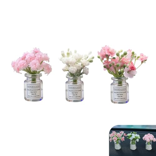 3 PCS Mini Flower Car Accessories, Cute Floral Glass Vase Ornaments for Women, Funny Car Rear View Mirror & Dashboard Decor, Auto Interior Decorations (Multicolored)
