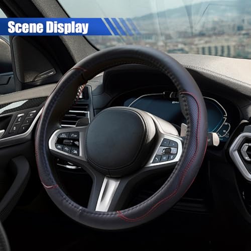 Car Steering Wheel Cover, 15 Inch Leather Anti-Slip Breathable Automotive Steering Wheel Protector, Universal Heat Resistant Vehicle Interior Accessories Cars, SUVs, Trucks(Black&Red) - color: Black&Red