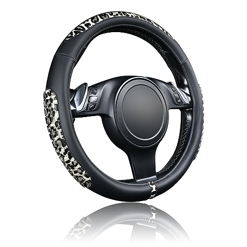 Flying Banner car Steering Wheel Cover Gel Massage Velvet Cool Warm Universal Size 15 inches SUV Truck Anti Slip Odorless Summer Winter (Black Gray Leopard Print, Gel Massage) - color: Black Gray Leopard Print