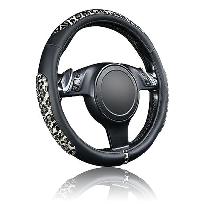 Flying Banner car Steering Wheel Cover Gel Massage Velvet Cool Warm Universal Size 15 inches SUV Truck Anti Slip Odorless Summer Winter (Black Gray Leopard Print, Gel Massage) - color: Black Gray Leopard Print