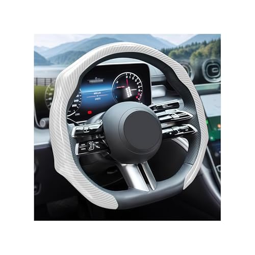 Zpana Carbon Fiber Car Steering Wheel Cover, Leather Non-Slip Vehicle Steering Wheel Cover for 14.5-15 Inch, Comfortable Auto Interior Protector Decoration Accessories, Universal Fit(White)