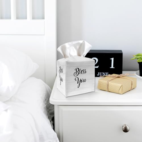 Tissue Box Cover Holder - Bless You PU Leather Tissue Box Cover with Bottom Belt, Square Facial Paper Organizer Dispenser for Tabletop, Bathroom, Kitchen, Car & Office -026 - color: Bless You