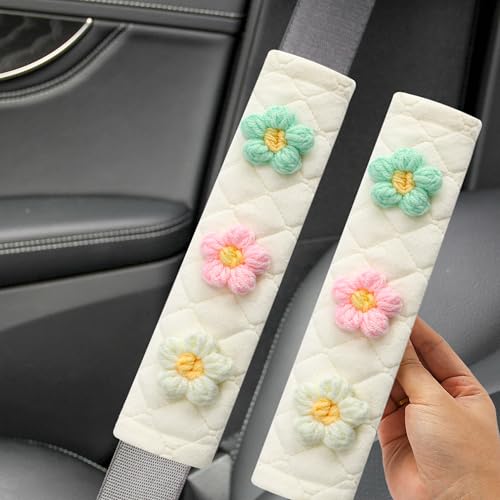 Soft Auto Seat Belt Cover Seatbelt Shoulder Pad Cushions 2 PCS for a More Comfortable Driving Universal Fit for All Cars and Backpack Off-White Knitted Flower (Green & Pink)